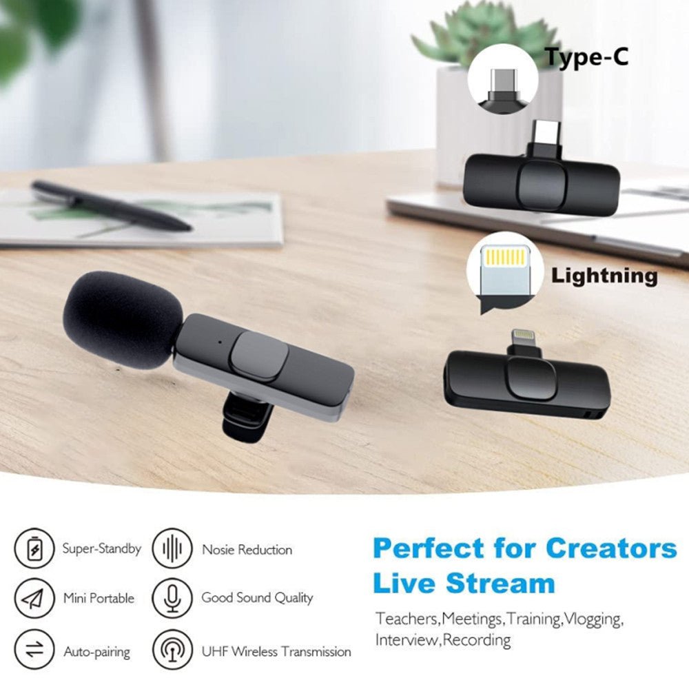 Wireless Lavalier Microphone Portable Audio Video Recording Mini Mic For I Phone Android Long Battery Life Live Broadcast Gaming - NeoTech