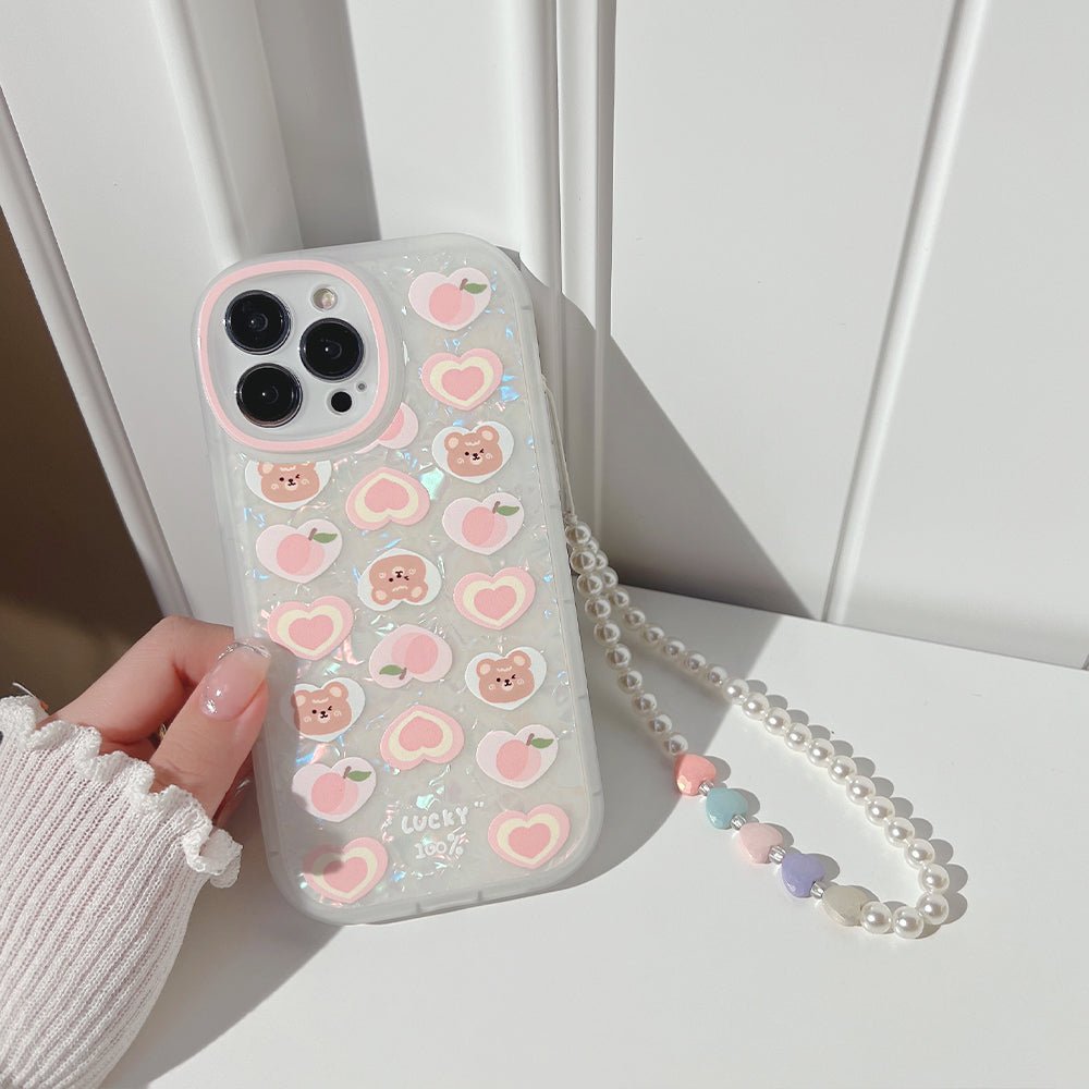 Peach Love Bear Pearl Chain Phone Case - NeoTech