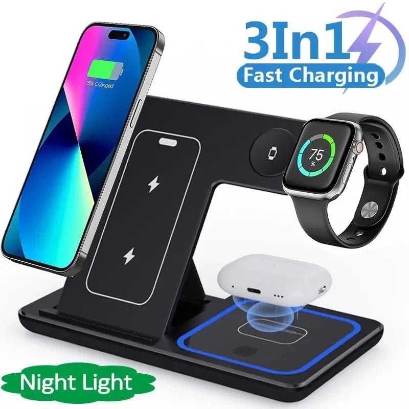15W 3 In 1 LED Fast Wireless Charger Stand Foldable Charging Station For Smart Phone 15 14 13 12 11 IWatch 9 8 7 6 5 Airpods Pro - NeoTech